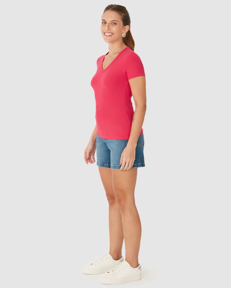 Blusa Básica Feminina Justa Decote V Em Malha Canelada De Viscose