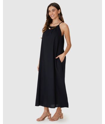 Vestido Midi Feminino Evasê Detalhe Colar Pedrarias Removível Em Viscolinho
