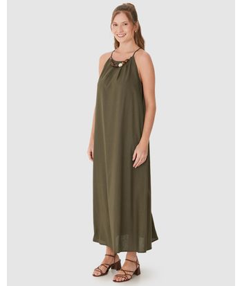 Vestido Midi Feminino Evasê Detalhe Colar Pedrarias Removível Em Viscolinho