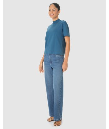Blusa Básica Feminina Gola Alta Manga Curta Em Algodão