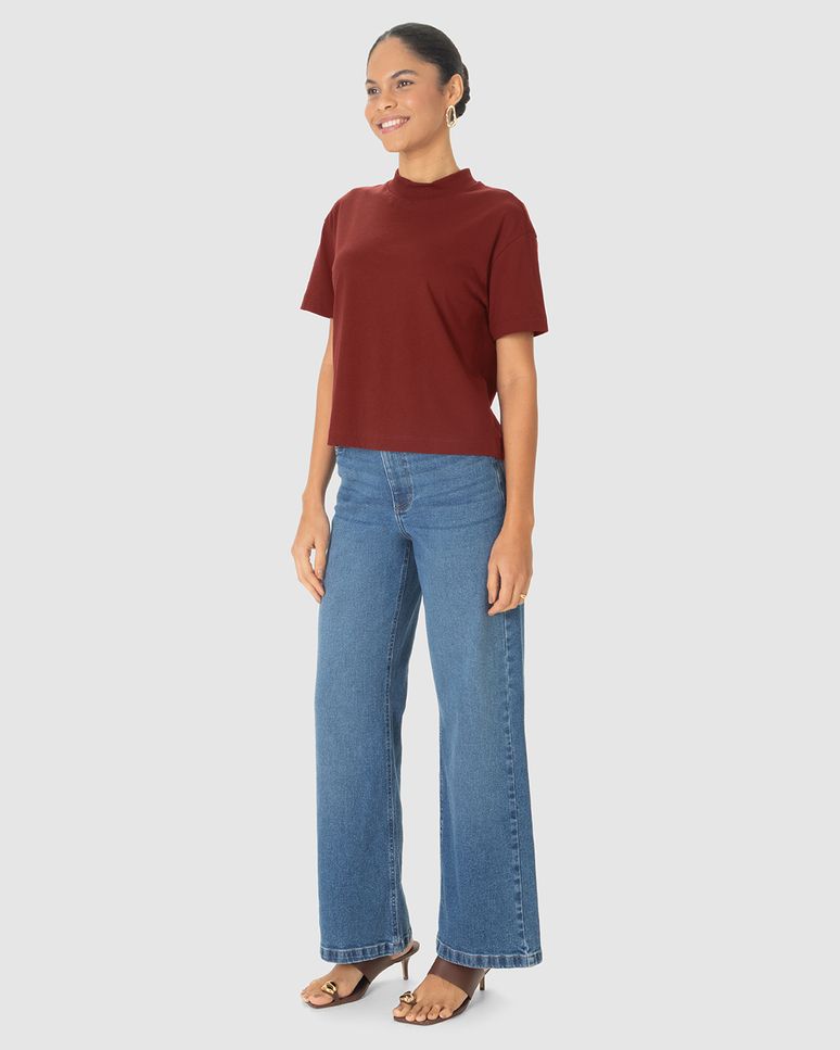 Blusa Básica Feminina Gola Alta Manga Curta Em Algodão