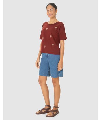 Camiseta Feminina Bordado Coqueiros Em Algodão