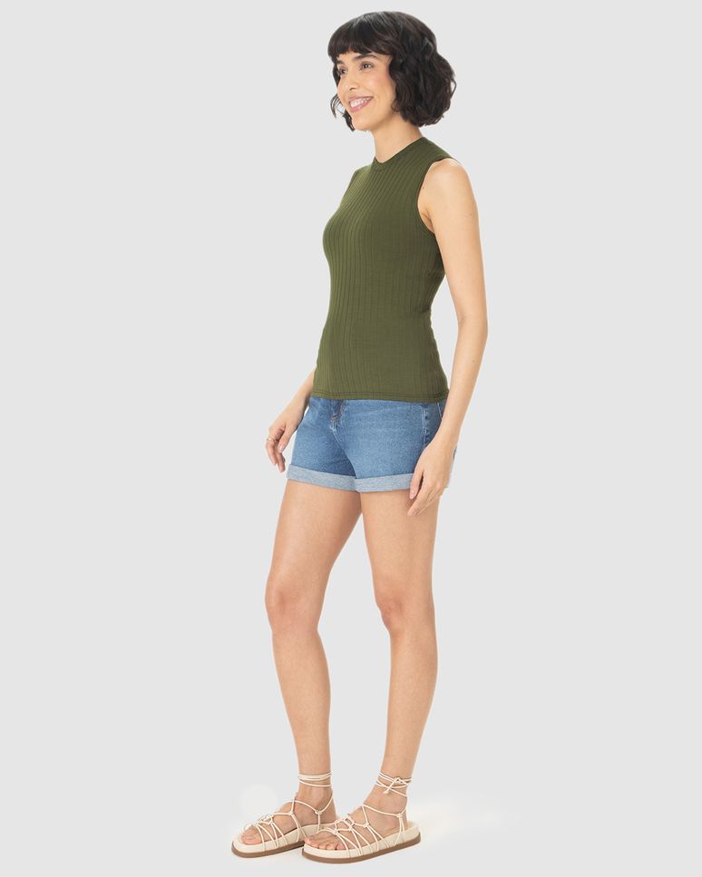 Regata Básica Feminina Justa Gola Alta Em Malha Viscose Canelada