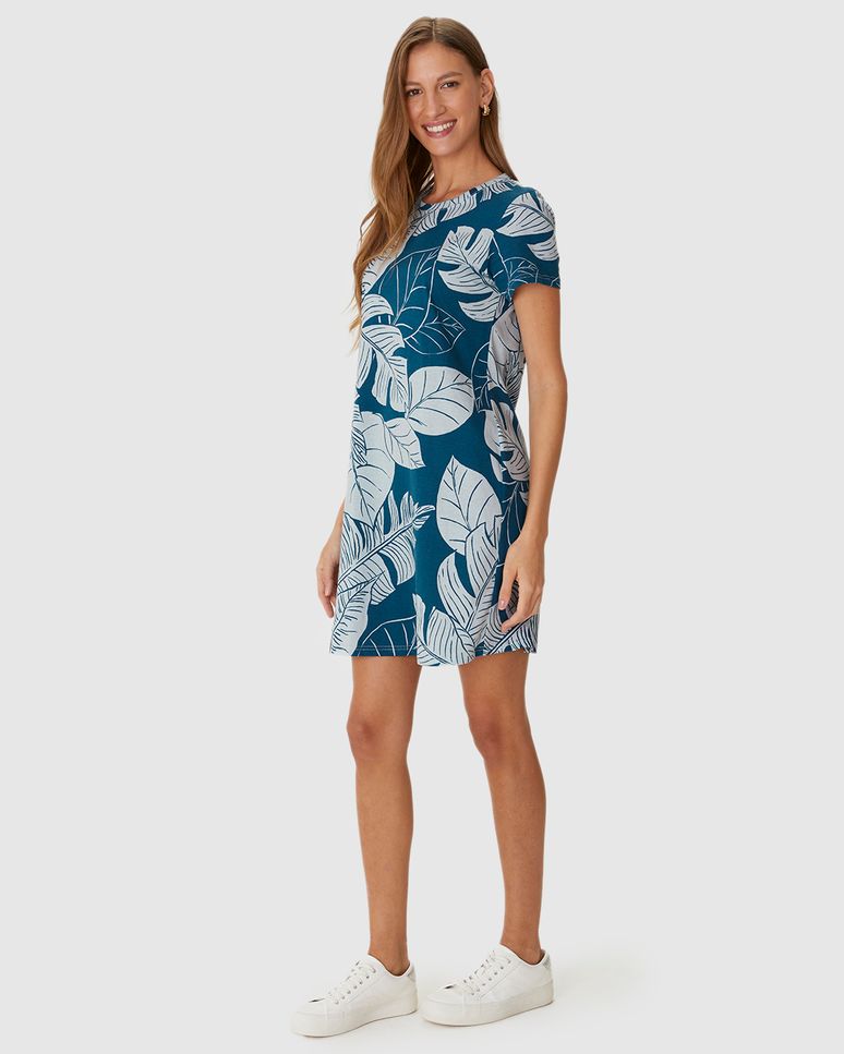 Vestido Feminino Estampado Com Decote Redondo Em Algodão