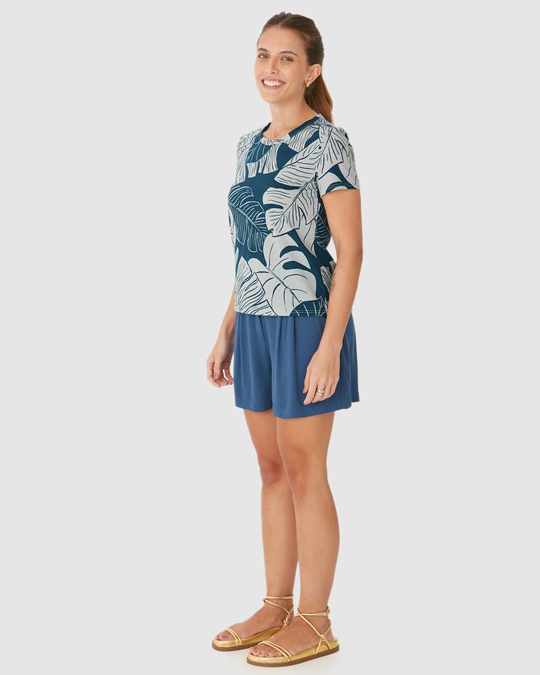 Blusa Feminina Decote Redondo Folhagem Em Algodão