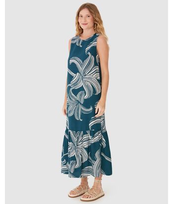 Vestido Midi Feminino Evasê Sem Manga Estampa Floral Em Viscose
