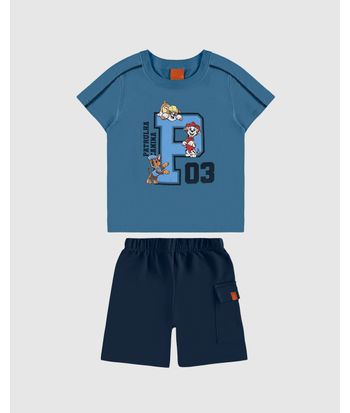 Conjunto Infantil Menino Camiseta Detalhe Listra Patrulha Canina Malwee Kids