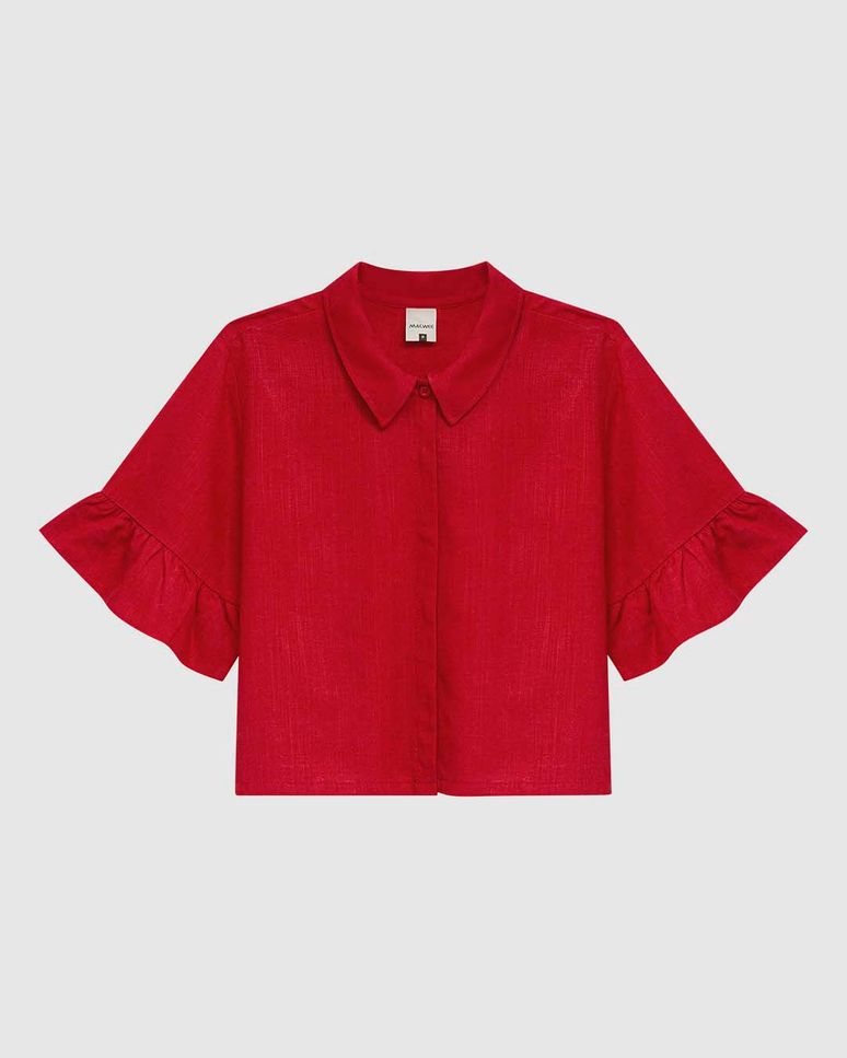 Camisa Cropped Feminina Manga Com Babado Em Viscolinho