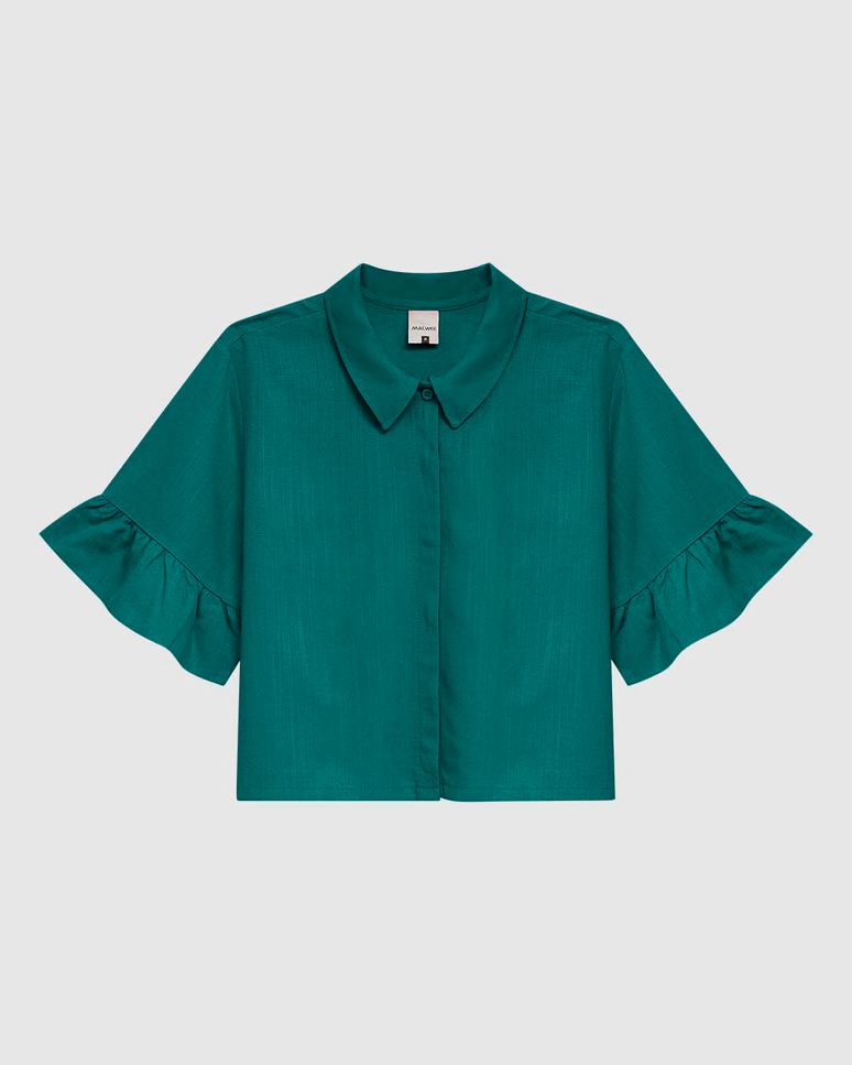 Camisa Cropped Feminina Manga Com Babado Em Viscolinho