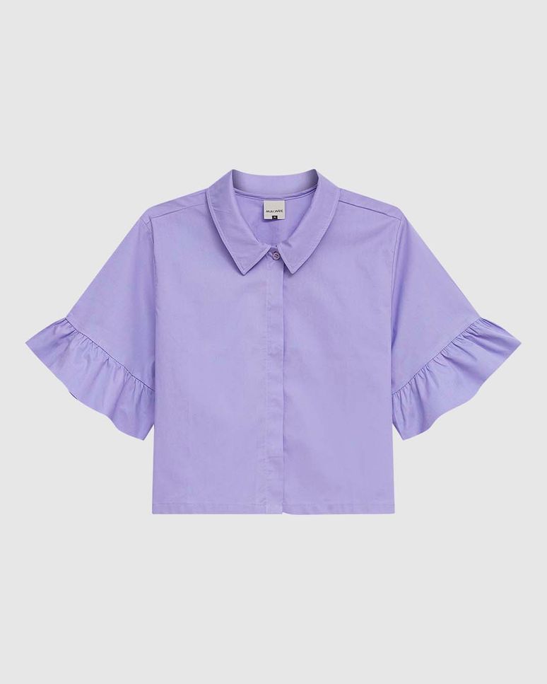 Camisa Cropped Feminina Manga Com Babado Em Tricoline