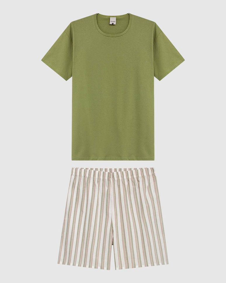Pijama Masculino Camiseta E Shorts Listrado Em Malha Algodão