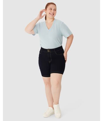 Bermuda Feminina Plus Size Cintura Média Em Jeans Com Elastano
