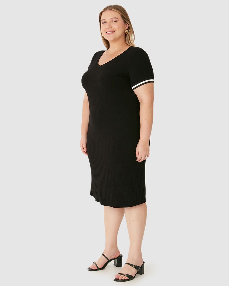 Vestido Feminino Plus Size Reto Manga Retilínea Em Canelado De Viscose