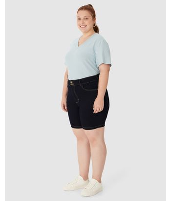 Bermuda Feminina Plus Size Cintura Média Em Jeans Com Elastano