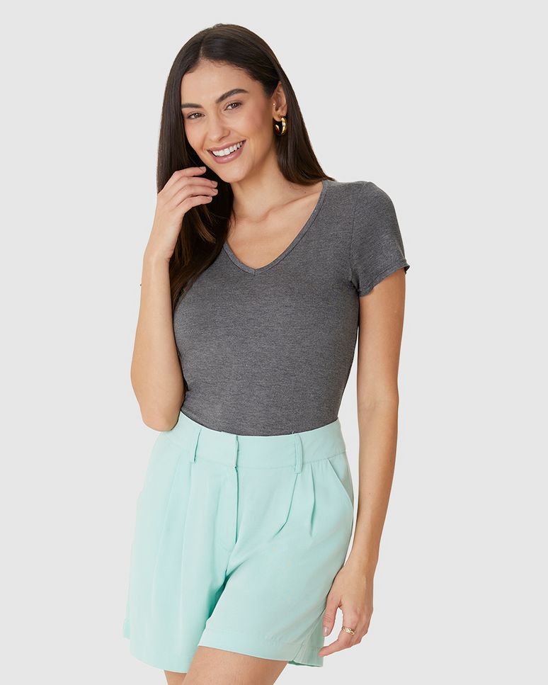 Blusa Básica Feminina Mullet Decote V Em Viscose Stretch
