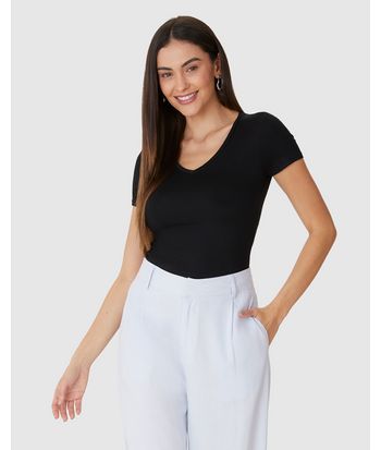 Blusa Básica Feminina Decote V Em Viscose Stretch