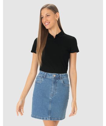 Blusa Polo Básica Feminina Com Peitilho Em Piquet Stretch