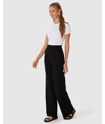 Calça Wide Leg Feminina Cintura Alta Em Malha Canelada De Viscose