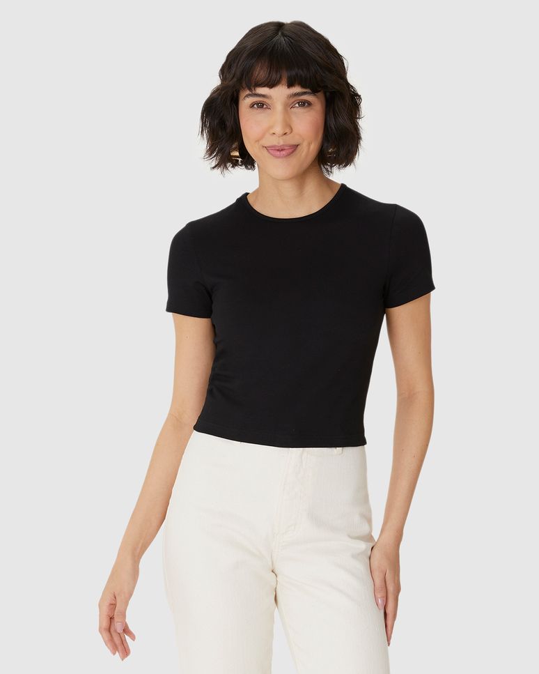 Blusa Long Cropped Feminina Manga Curta Em Algodão