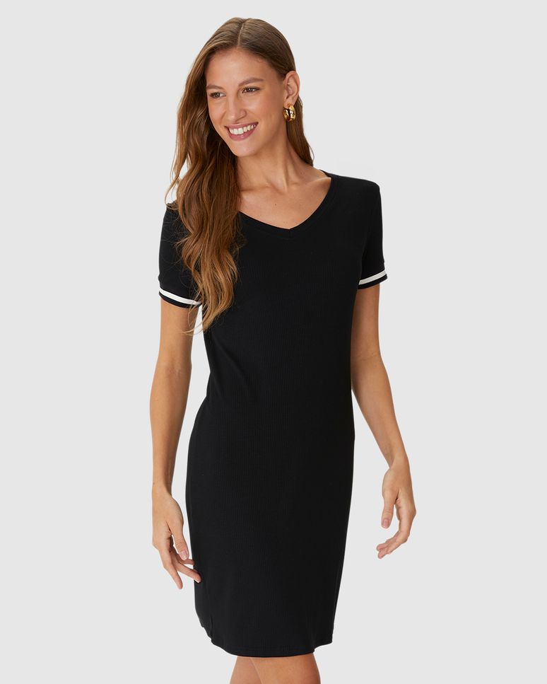 Vestido Básico Feminino Manga Retilínea Em Malha Viscose Canelada