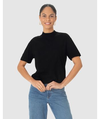 Blusa Básica Feminina Gola Alta Manga Curta Em Algodão