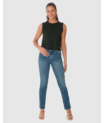 Calça Reta Feminina Bolso Funcional Em Flex Jeans