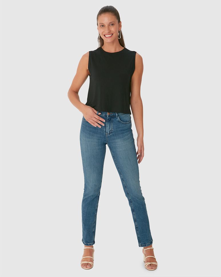 Calça Reta Feminina Bolso Funcional Em Flex Jeans