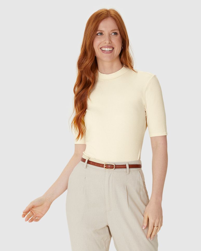 Blusa Básica Feminina Gola Alta Em Canelado De Viscose