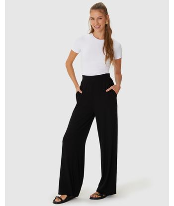 Calça Wide Leg Feminina Cintura Alta Em Malha Canelada De Viscose
