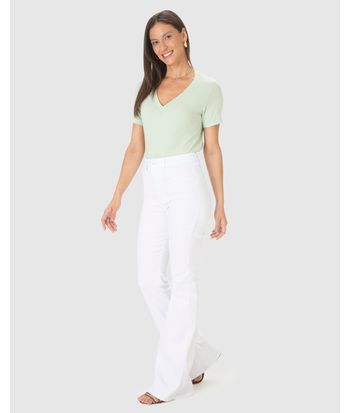 Calça Flare Feminina Bolso Funcional Em Sarja Com Elastano