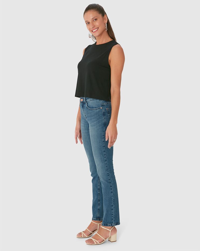 Calça Reta Feminina Bolso Funcional Em Flex Jeans