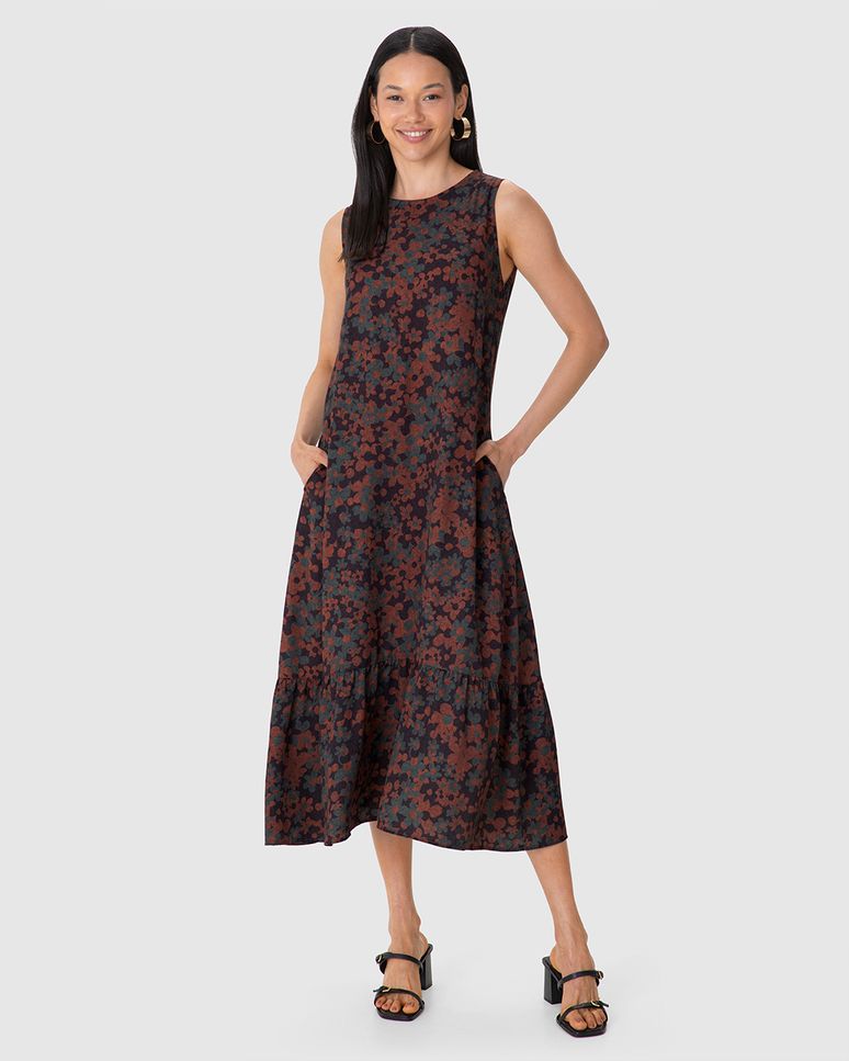 Vestido Midi Feminino Estampa Floral Bolso Funcional Em Viscose