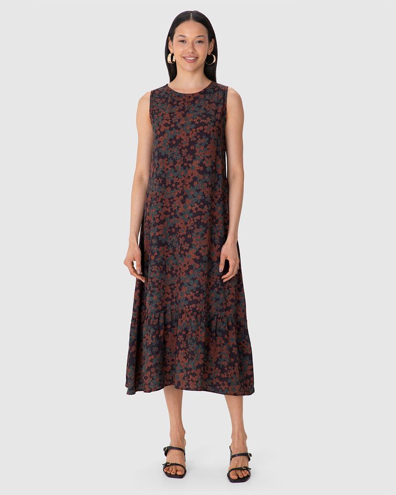 Vestido Midi Feminino Estampa Floral Bolso Funcional Em Viscose