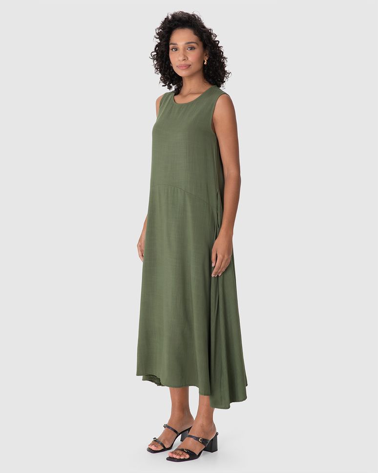 Vestido Midi Feminino Decote Redondo Bolso Funcional Em Viscose