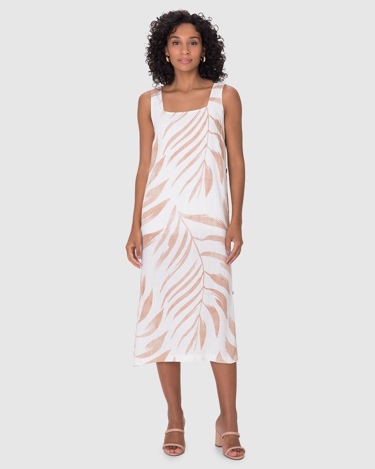 Vestido Midi Feminino Estampa Folhagem Abotoamento Lateral Em Viscose Flamê