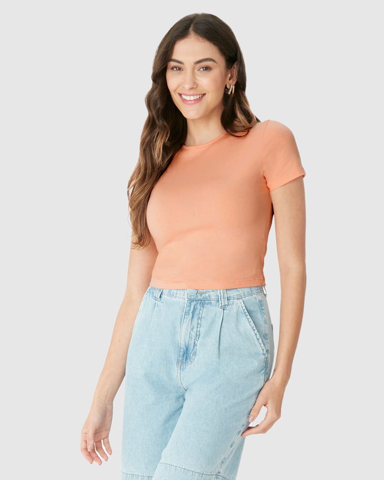 Blusa Básica Feminina Cropped Etiqueta Estampada Em Algodão