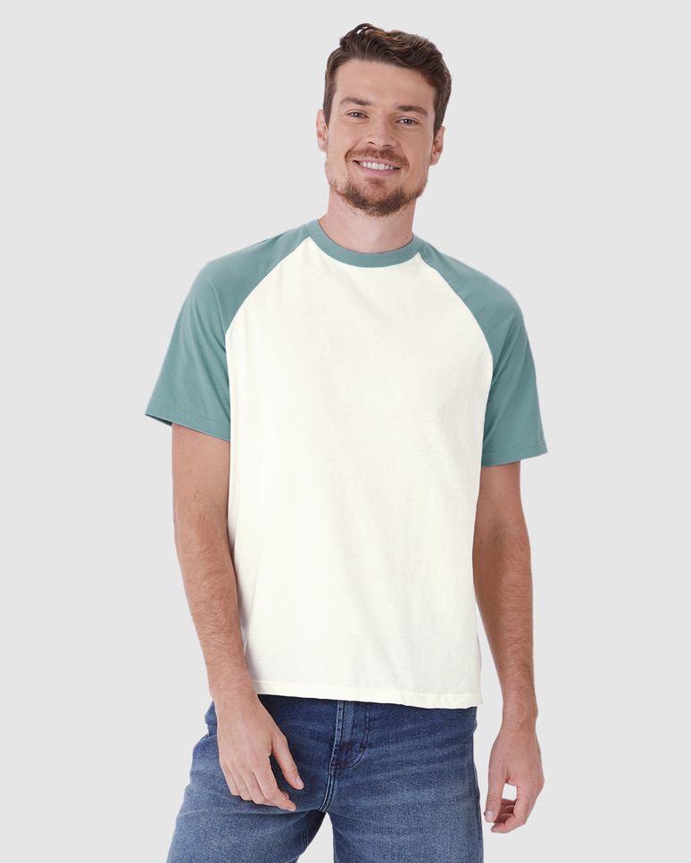 Camiseta Masculina Regular Manga Cor Contraste Em Algodão