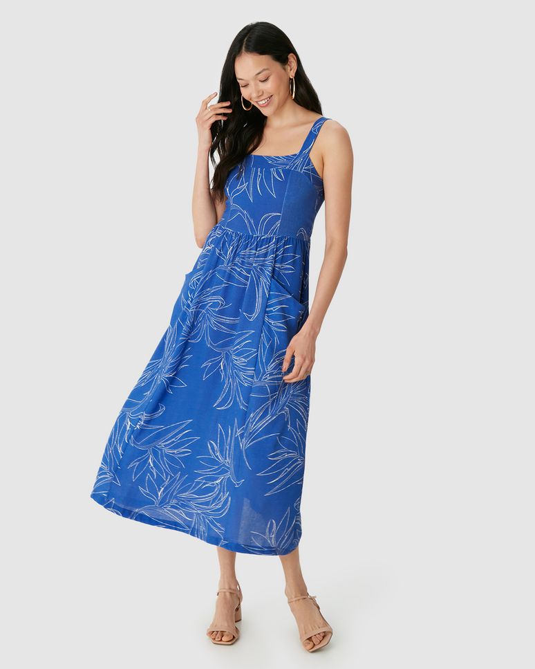 Vestido Midi Feminino Acinturado Bolso Lateral Em Viscolinho