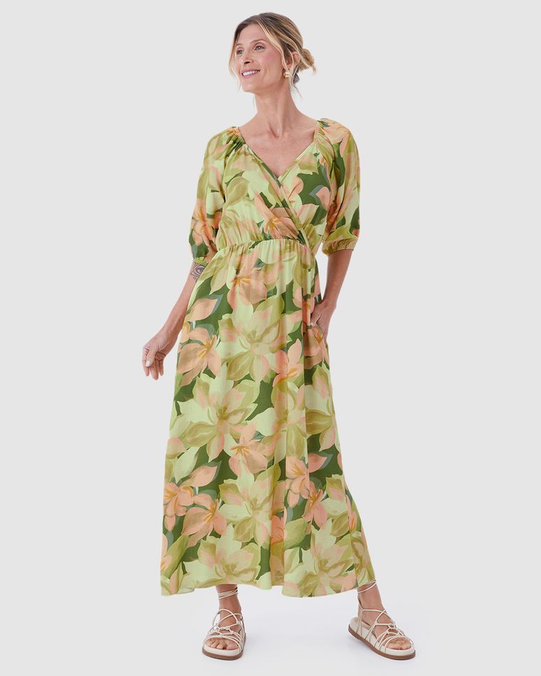 Vestido Midi Feminino Decote V Manga 3/4 Em Viscolinho Texturizado