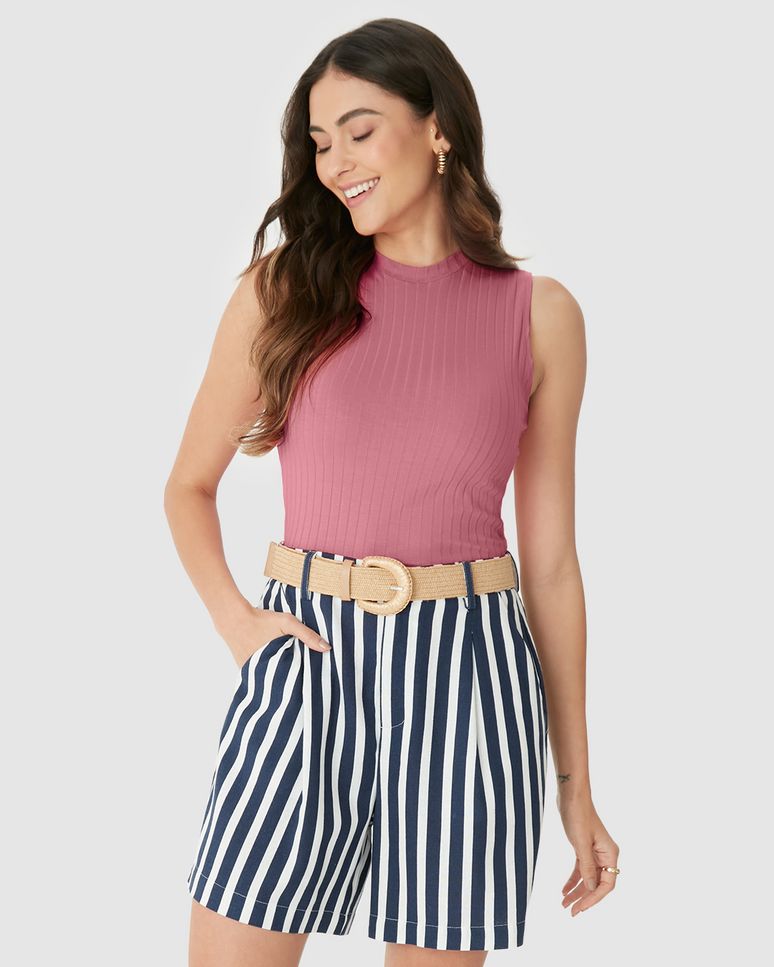 Regata Básica Feminina Justa Gola Alta Em Malha Viscose Canelada