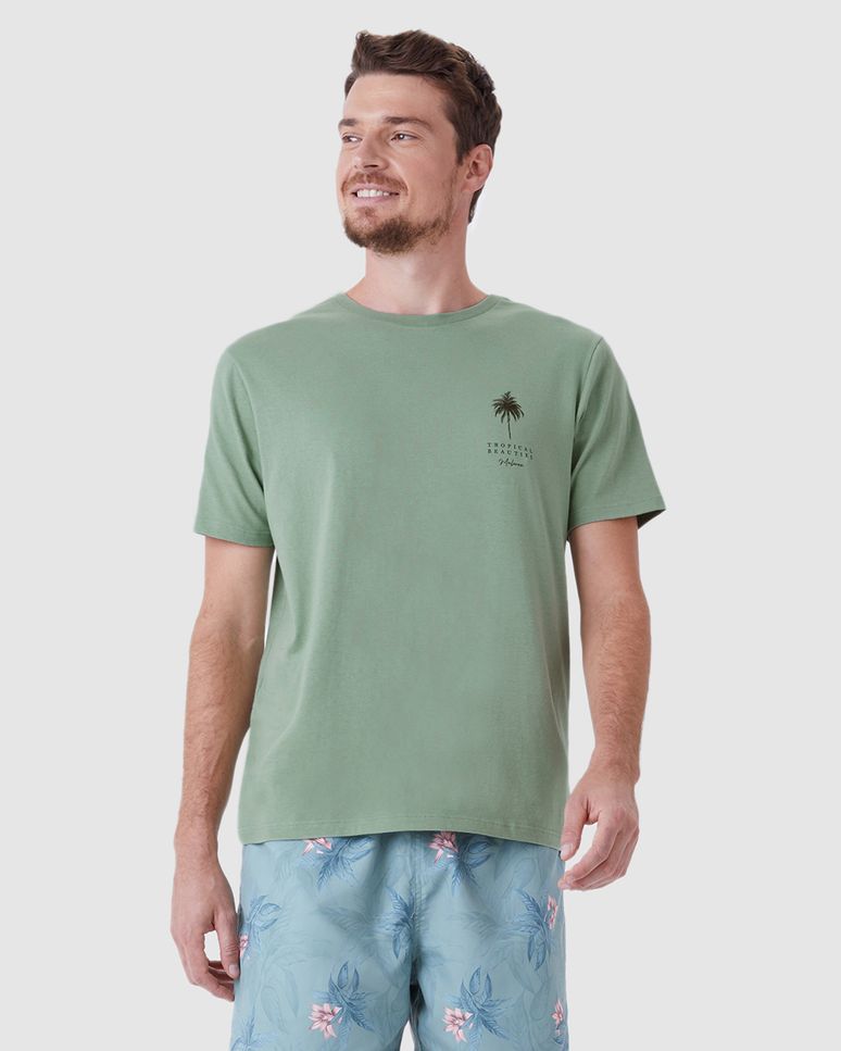 Camiseta Masculina Regular Estampa Frente E Costas Em Malha Linho