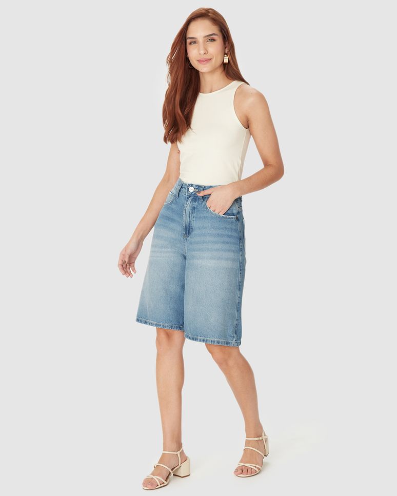 Bermuda Feminina Jorts Cintura Alta Bolso Funcional Em Jeans 100% Algodão