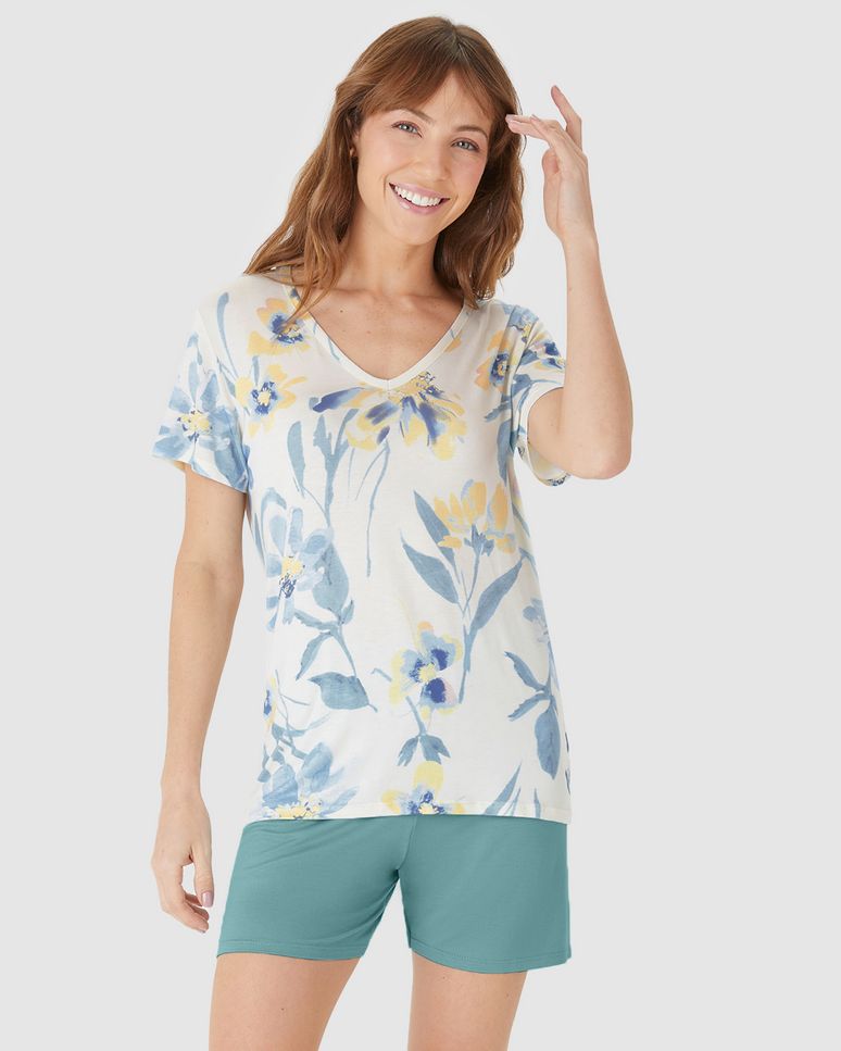 Pijama Curto Feminino Blusa Decote V Estampada Em Viscose Stretch