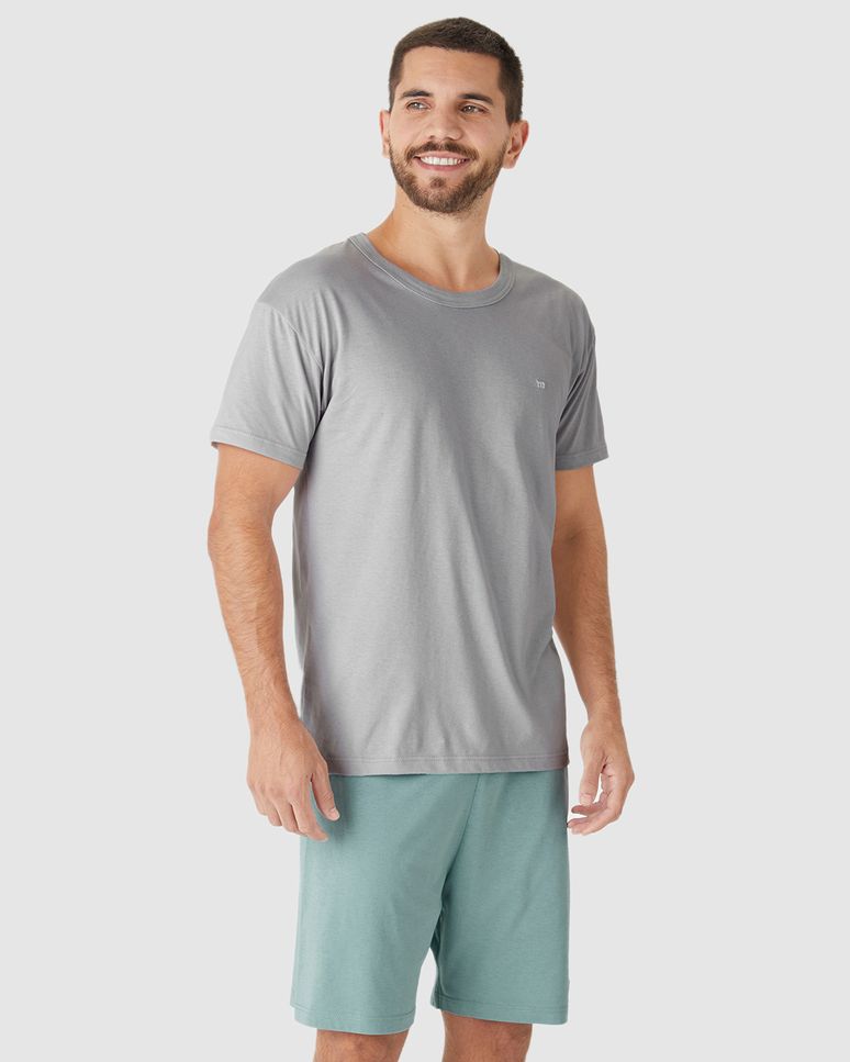 Pijama Curto Masculino Camiseta Bordado Discreto Em Algodão