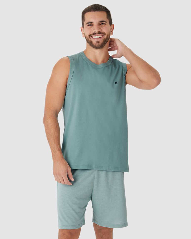 Pijama Curto Masculino Regata Decote Redondo E Shorts Em Malha Fio A Fio