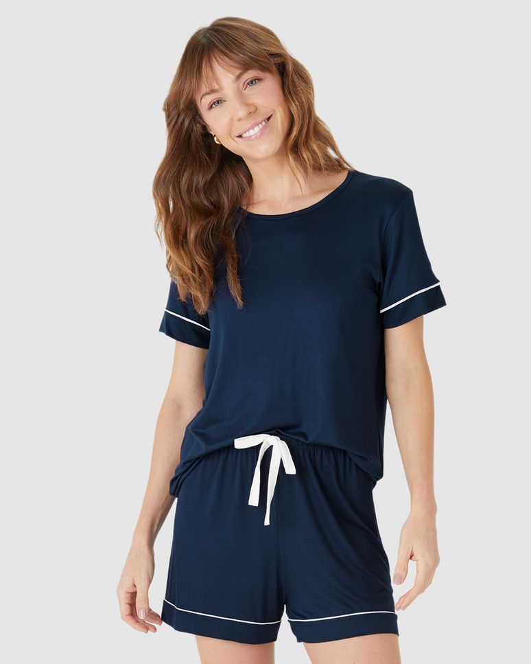 Pijama Curto Feminino Shorts Laço Decorativo Em Viscose Stretch