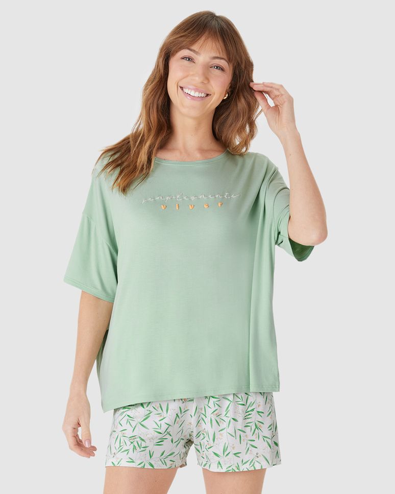 Pijama Curto Feminino Blusa Box Estampa Lettering Em Viscose Stretch