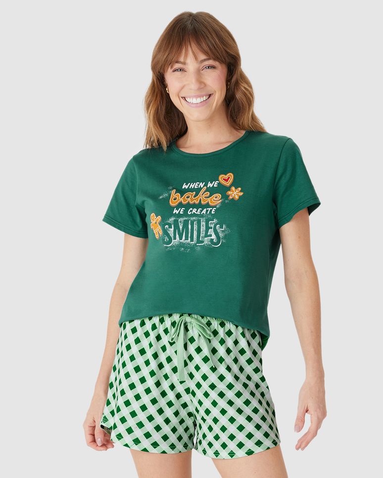 Pijama Curto Feminino When We Bake We Create Smiles Em Algodão