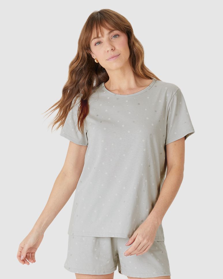 Pijama Curto Feminino Blusa E Shorts Estampado Em Algodão