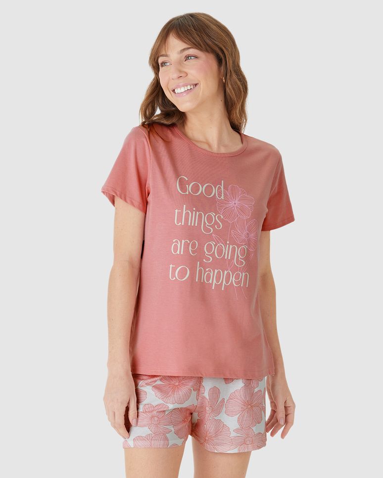 Pijama Curto Feminino Shorts Estampado Em Algodão